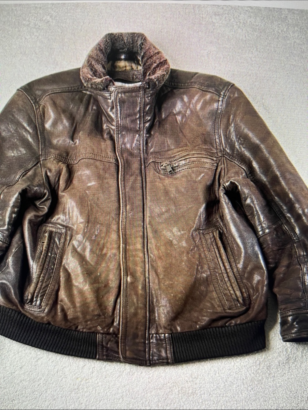 Marvel Brown Leather Bomber Jacket with Knit Hem